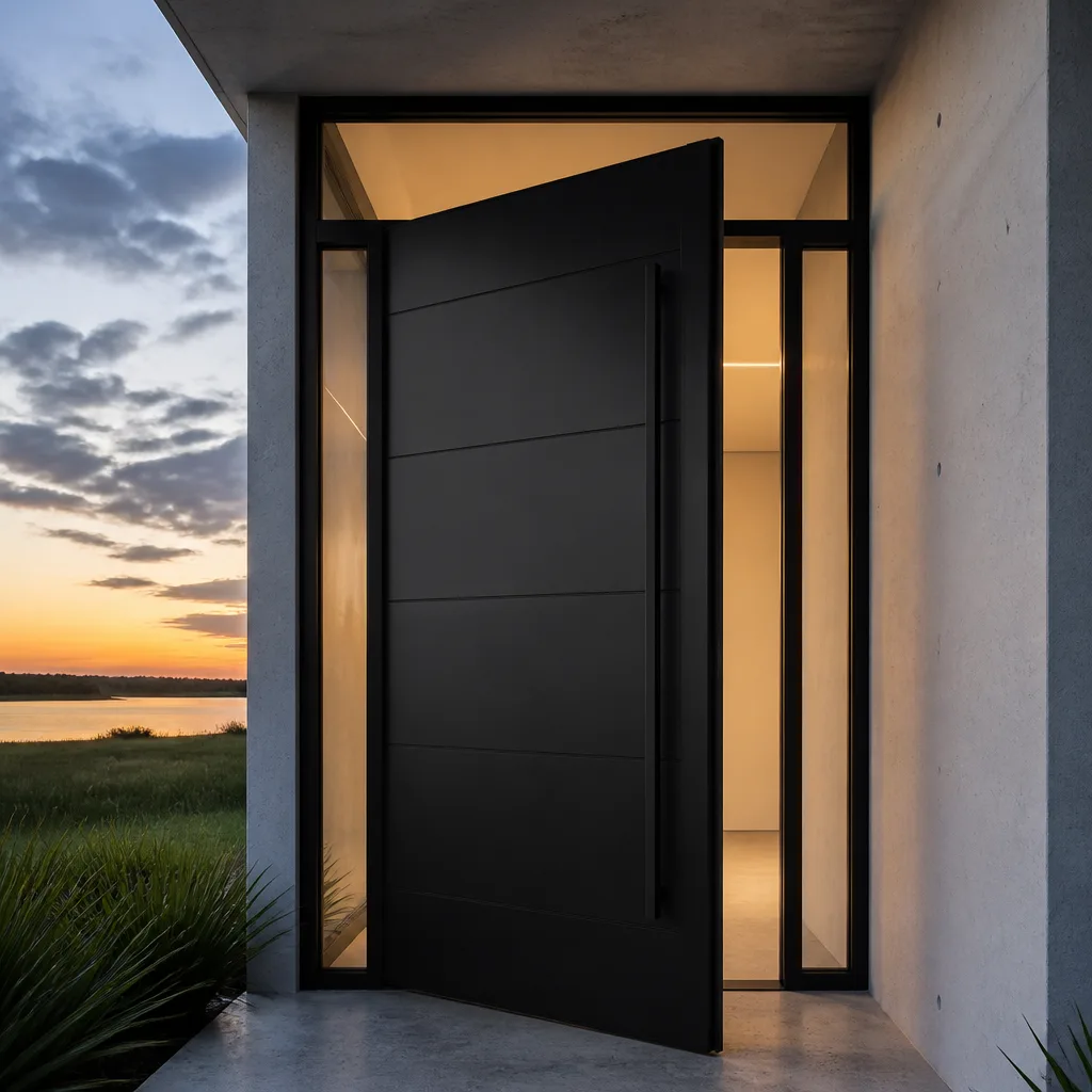 Modern matte black pivot front door installed in contemporary concrete home entrance