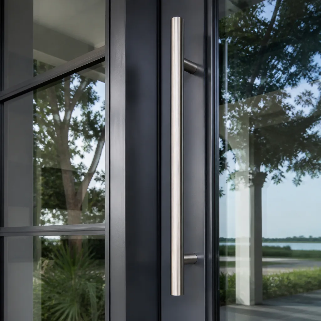 Close-up of a modern stainless steel door handle on a black frame