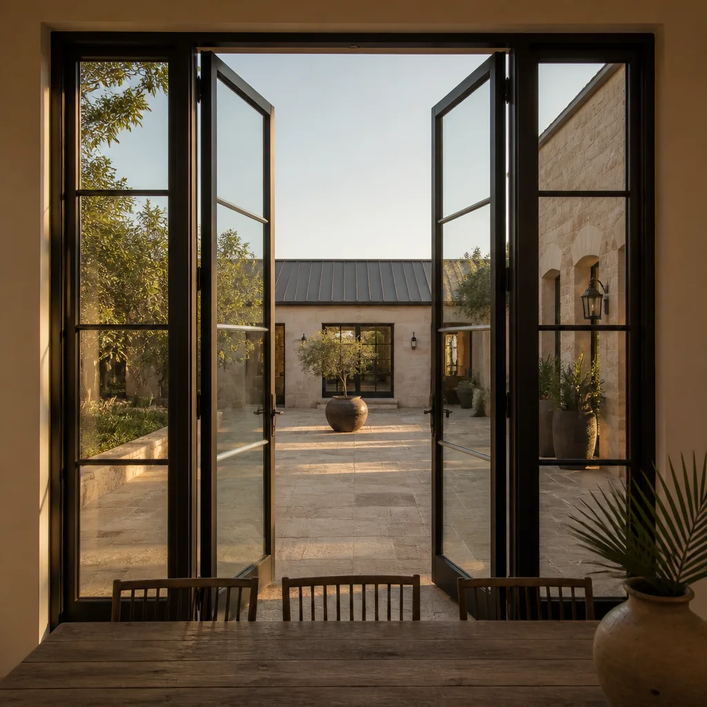 Custom black-framed French doors opening onto a residential stone courtyard.