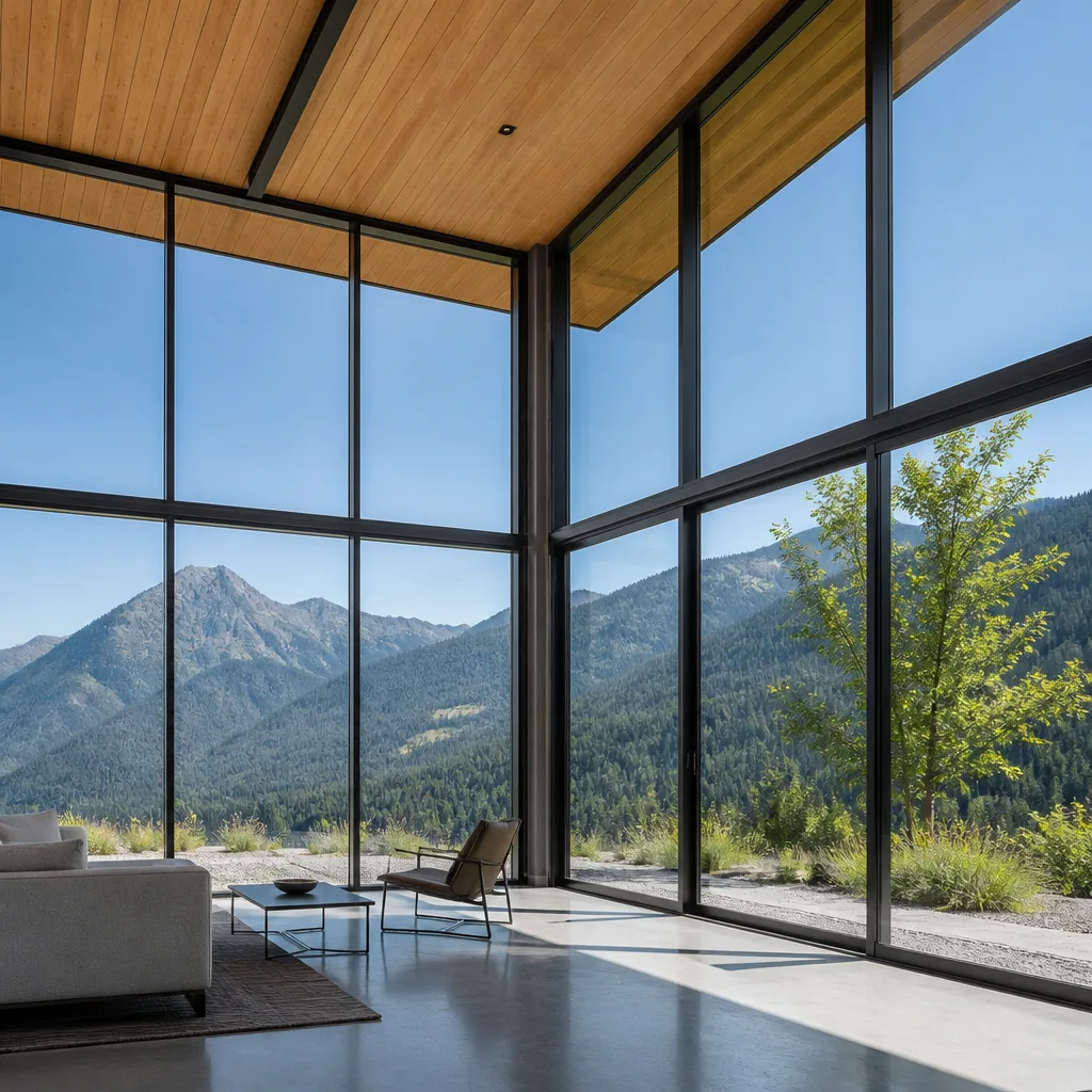 Modern floor-to-ceiling glass window installation with a mountain view