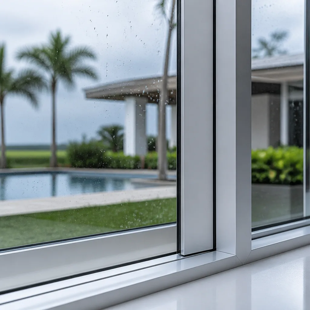 Modern aluminum window frame overlooking a tropical patio and swimming pool