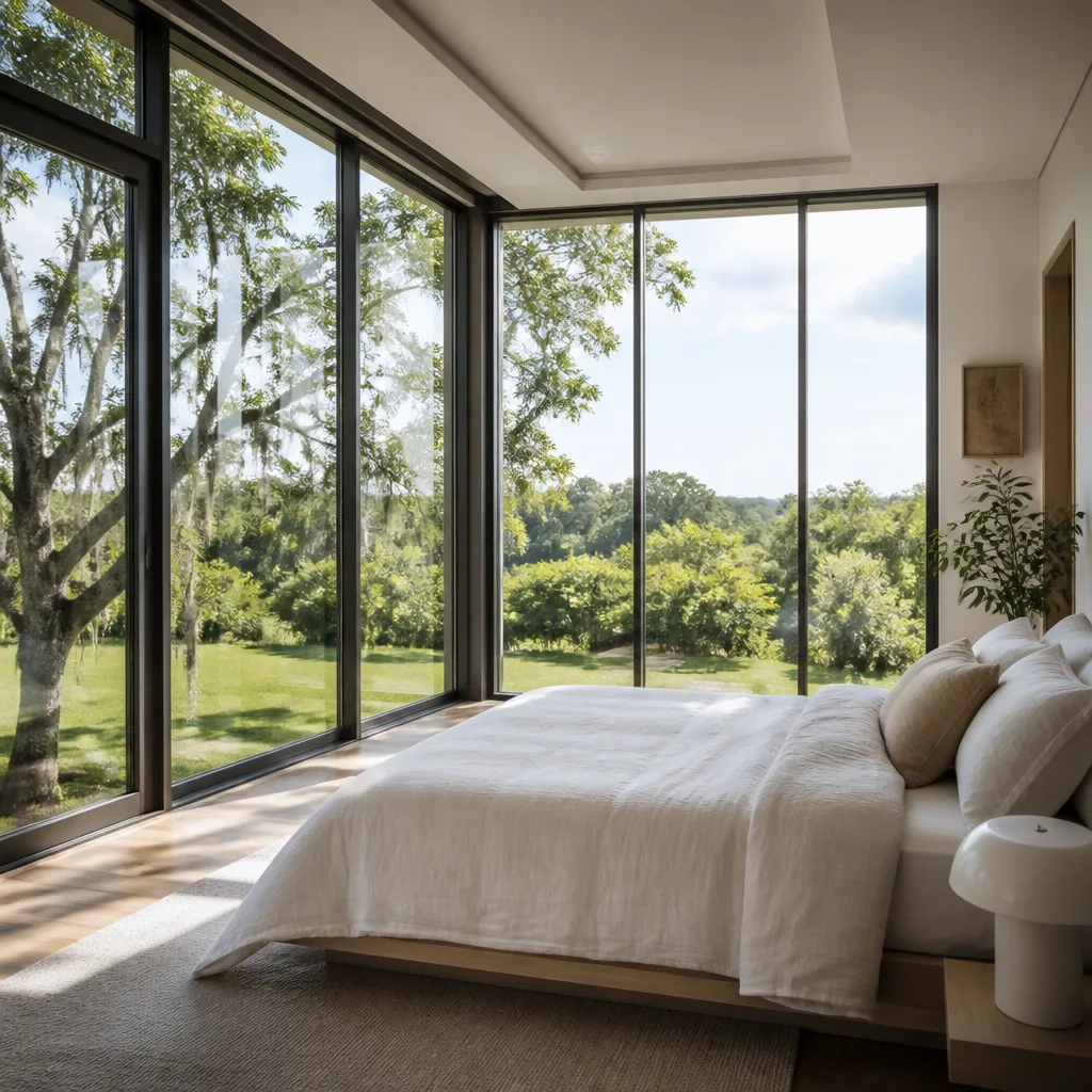 Modern bedroom with large floor-to-ceiling glass windows and natural forest view